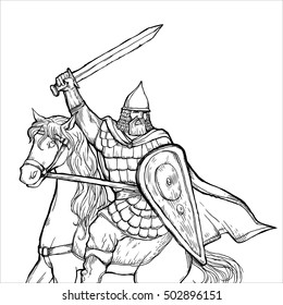 warrior with a sword in armor and helmet on horse