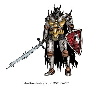 Warrior with sword hand drawn image. Original colorful artwork, comic childish style drawing.