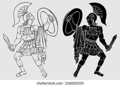 Warrior with sword and shield in helmet Ancient greek series