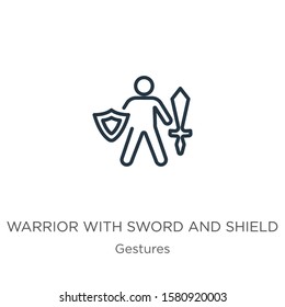 Warrior with sword and shield icon. Thin linear warrior with sword and shield outline icon isolated on white background from gestures collection. Line vector sign, symbol for web and mobile