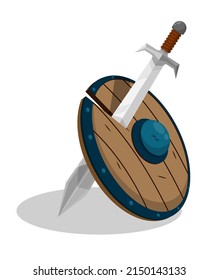 Warrior Sword Split Viking Wooden Shield. Deadly Attack, Defeat In Medieval Battle. Cartoon Vector Isolated On White Background