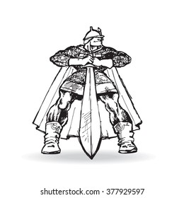 Warrior with a sword standing. Black and white illustration.