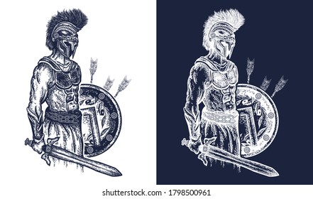 Warrior tattoo and t-shirt design. Gladiator spartan holding sword and shield. Symbol of bravery, force, army, hero. Legionary of ancient Rome and ancient Greece. Black and white vector graphics 