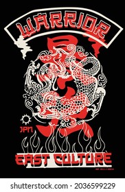 Warrior text with dragon vector Translation: "Strongest." design for t-shirt graphics, banner, fashion prints, slogan tees, stickers, flyer, posters and other creative uses