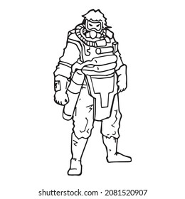 Warrior that looks like he survived toxic war standing, outline drawing. Hand drawn toxic soldier, pen drawn sketch character. Simple first person game hero that every gamer like, single illustration.