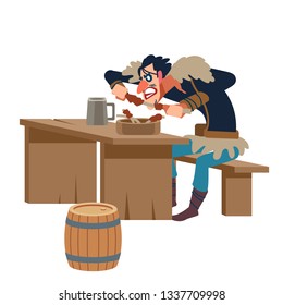 Warrior. Thin viking eats meat. Flat vector illustration.
