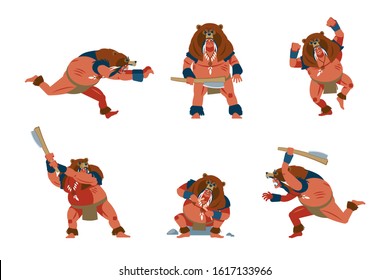 Warrior tribe wearing a bear head mask of American aboriginal, Australian or African tribes member. Cartoon vector Illustrations on a white background with different warlike poses.