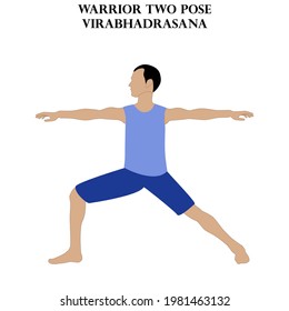 Warrior two pose yoga workout. Virabhadrasana. Man doing yoga illustration on the white background. Vector illustration