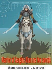 Warrior two swords of Genghis Khan on horseback