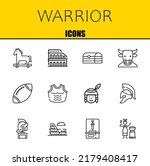 warrior vector line icons set. trojan horse, colosseum and pandoras box Icons. Thin line design. Modern outline graphic elements, simple stroke symbols stock illustration