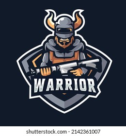 Warrior Vektormascot Logo-Design mit modernem Illustrationsstil für Abzeichen, Emblem, e Sport-Logo und T-Shirt-Druck. Krieger-Illustration mit Maschinengewehr in der Hand.