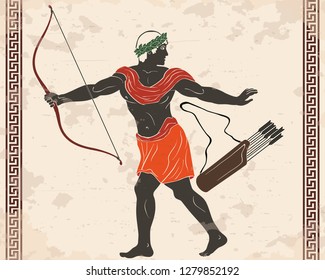 Warrior with a weapon in his hands on a beige background. Archer with a bow and arrows.