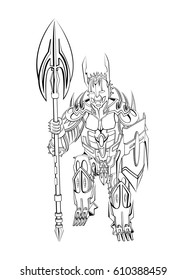 A warrior with a weapon and a shield. Contour black on white background.