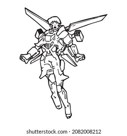 Warrior With Wings Flying Through The Air, Outline Drawing. Hand Drawn Female With Jet Pack Game Soldier, Pen Drawn Character. Simple First Person Game Hero That Every Gamer Like, Single Illustration.