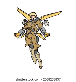 Warrior With Wings Flying Through The Air, Colored Outline Drawing. Female Soldier Drawing With Jet Pack, Pen Drawn Character. Simple First Person Game Hero That Every Gamer Like, Single Illustration.