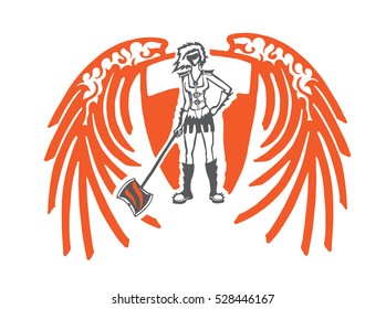 Warrior woman with an axe. Vector illustration of a fictional game character, 2 colors