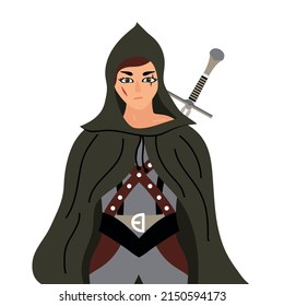 Warrior Woman Character With One Sword Behind The Back. Girl Knight In A Hood Is Dressed In Raincoat. Vector Illustration