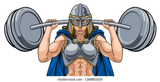 A warrior woman weightlifter lifting a heavy barbell weight. Could be a Viking, Anglo Saxon, knight or ancient Greek Trojan or Spartan sports mascot