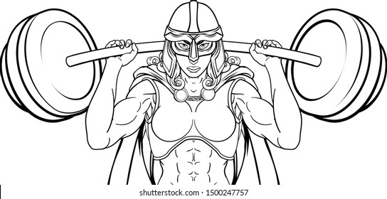 A warrior woman weightlifter lifting a heavy barbell weight. Could be a Viking, Anglo Saxon, knight or ancient Greek Trojan or Spartan sports mascot