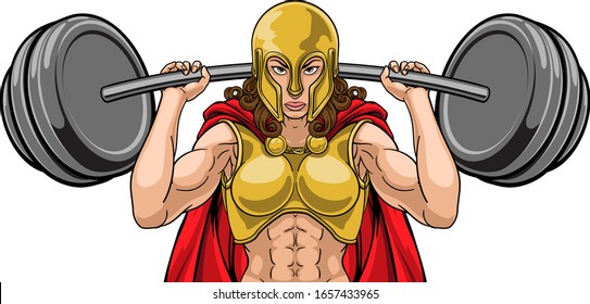 A warrior woman weightlifter lifting a heavy barbell weight. Could be an Anglo Saxon, knight or ancient Greek Trojan or Spartan sports mascot