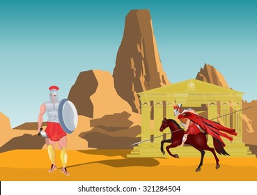 Warriors of ancient sparta and mountain and temple on background