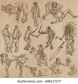 WARRIORS, collection. Description - An hand drawn vector pack, freehand sketching. Editable in layers and groups. Colored background is isolated.