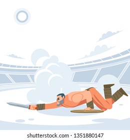 Warriors fighting in the arena of gladiators. Gladiator attacks from below. Vector isolated illustration. Flat cartoon style