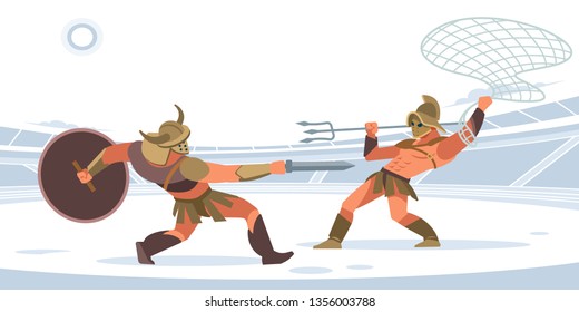 Warriors fighting in the arena of gladiators.  Vector isolated illustration. Flat cartoon style.