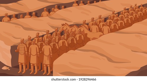 Warriors and horses of ancient Chinese terracotta army. Afterlife guard or troops of Asian emperor. World architectural heritage. Monochrome editorial flat vector illustration