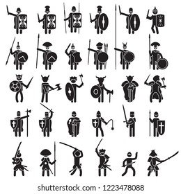 Warriors icon set. Romans, Greek warriors, Vikings, Barbarians, Japanese warriors samurai, medieval Knights. Vector.