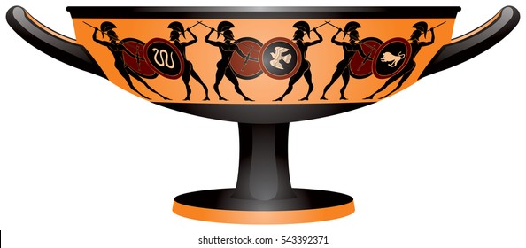 Warriors on the Ancient Greece Kylix drinking cup, black-figure vase painting style wine-drinking ceramic pottery