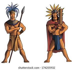 Guerreros de Sudamérica, Mayas, Aztecas o Inca, ilustración vectorial