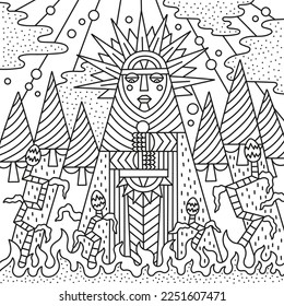 Warriors of sun. Fantasy knights. Funny fairy tale characters. Coloring page for kids and adults. Cartoon vector illustration. outlined hand drawn artwork. Black and white colors. Isolated