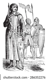 Warriors of the twelfth century, vintage engraved illustration. Industrial encyclopedia E.-O. Lami - 1875.
