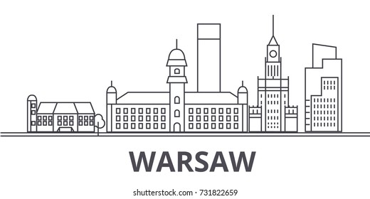 Warsaw architecture line skyline illustration. Linear vector cityscape with famous landmarks, city sights, design icons. Landscape wtih editable strokes