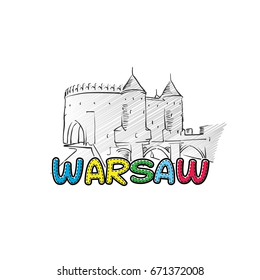 Warsaw beautiful sketched icon, famous hand-drawn landmark, city name lettering, vector illustration