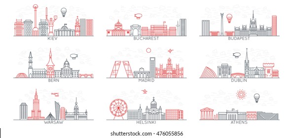 Warsaw. Bern. Madrid. Helsinki. Athens. Dublin. Kiev. Bucharest. Budapest. With famous landmarks monuments and buildings. Line art illustrations. Modern design