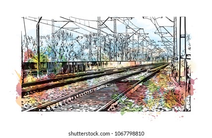 Warsaw Capital of Poland. Watercolor splash with hand drawn sketch illustration in vector.