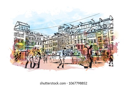 Warsaw Capital of Poland. Watercolor splash with hand drawn sketch illustration in vector.