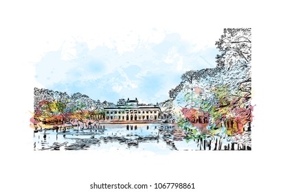 Warsaw Capital of Poland. Watercolor splash with hand drawn sketch illustration in vector.