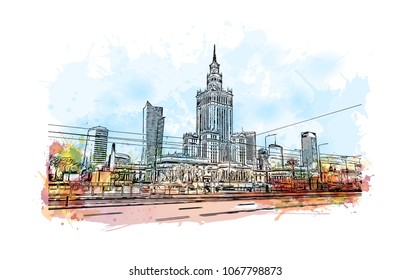 Warsaw Capital of Poland. Watercolor splash with hand drawn sketch illustration in vector.