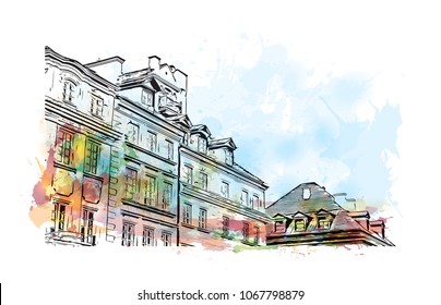 Warsaw Capital of Poland. Watercolor splash with hand drawn sketch illustration in vector.