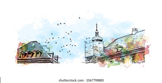 Warsaw Capital of Poland. Watercolor splash with hand drawn sketch illustration in vector.