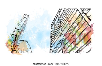 Warsaw Capital of Poland. Watercolor splash with hand drawn sketch illustration in vector.
