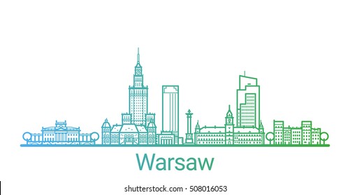 Warsaw city colored gradient line. All Warsaw buildings - customizable objects with opacity mask, so you can simple change composition and background fill. Line art.