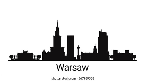 Warsaw city outline skyline. All Warsaw buildings - customizable objects, so you can simple change skyline composition. Minimal design.