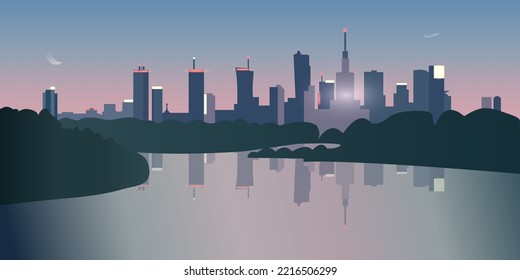 Warsaw city sihouette at sunrise. Urban landscape. Business travel and tourism concept with modern buildings. Image for presentation, banner, web site. Vector illustration