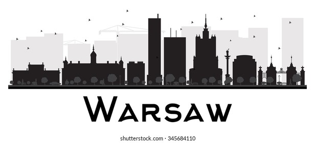 Warsaw City skyline black and white silhouette. Vector illustration. Simple flat concept for tourism presentation, banner, placard or web site. Business travel concept. Cityscape with landmarks