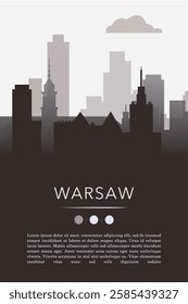 Warsaw city template for website, presentation, front page, invitation, publication sheet with skyline, landmarks. Vector Poland image layout, simple and grayscale