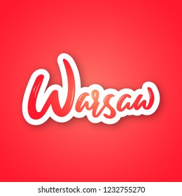 Warsaw - hand drawn lettering name of Poland capital. Sticker with lettering in paper cut style. Vector illustration.